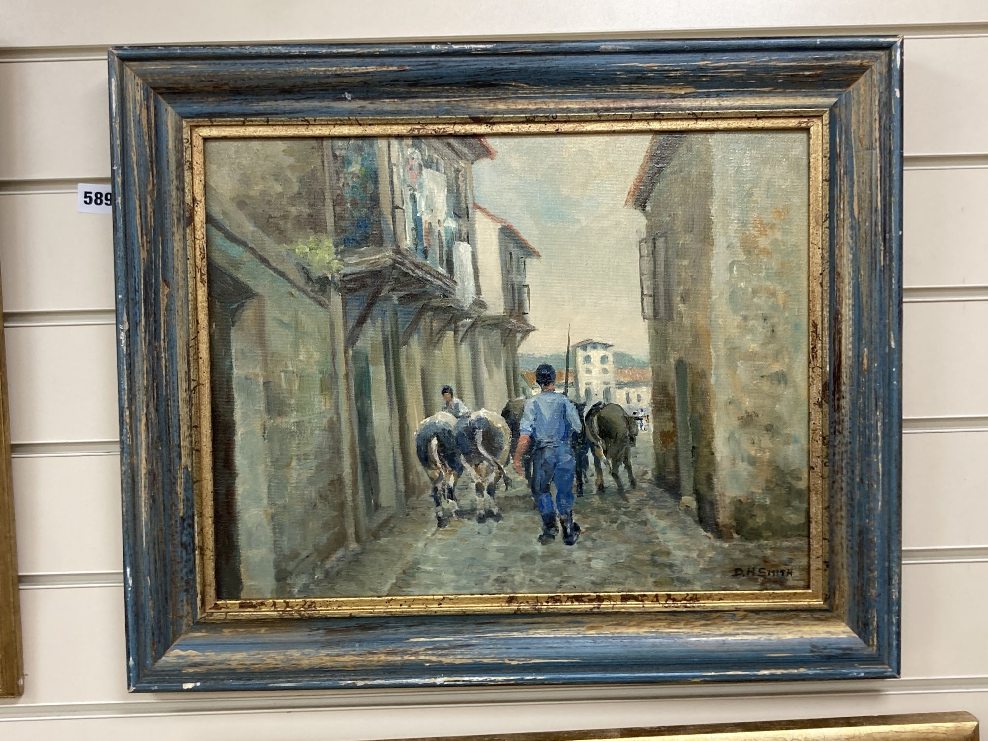 D. H. Smith, oil on board, Cow herd in an Italian street, signed, 34 x 44cm